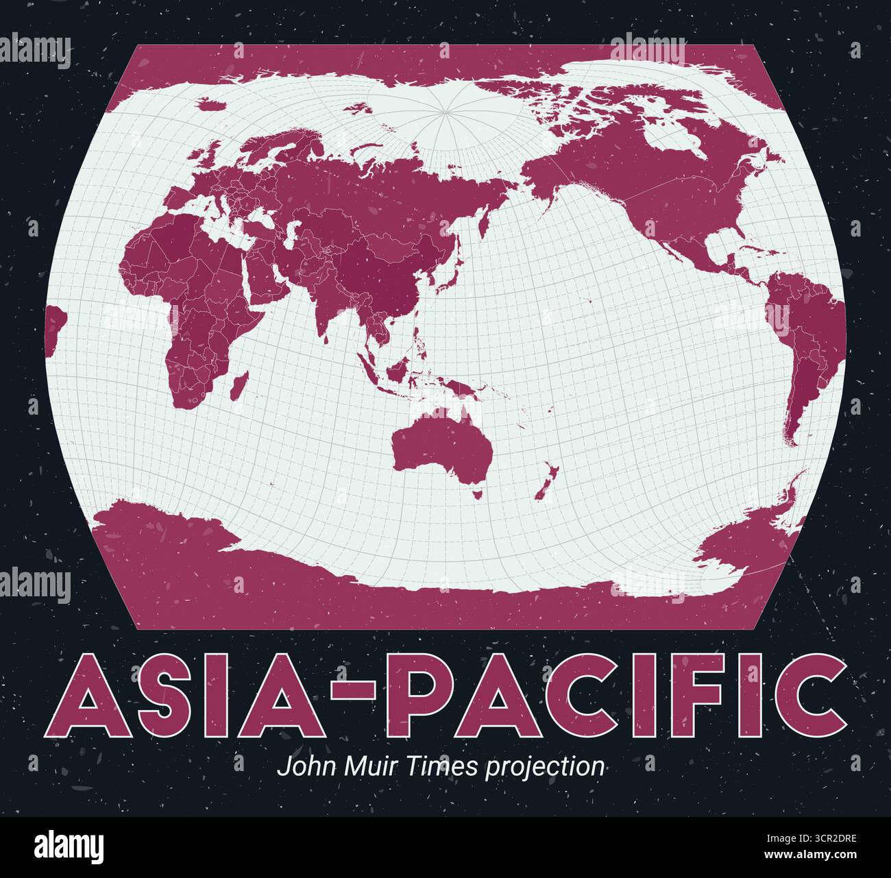 Asia-Pacifico. Mappa del mondo. Proiezione del John Muir Times incentrata sull'Asia-Pacifico. Pallido Mint Dark Pink (Rosa scuro). Texture vintage. Illustrazione Vettoriale