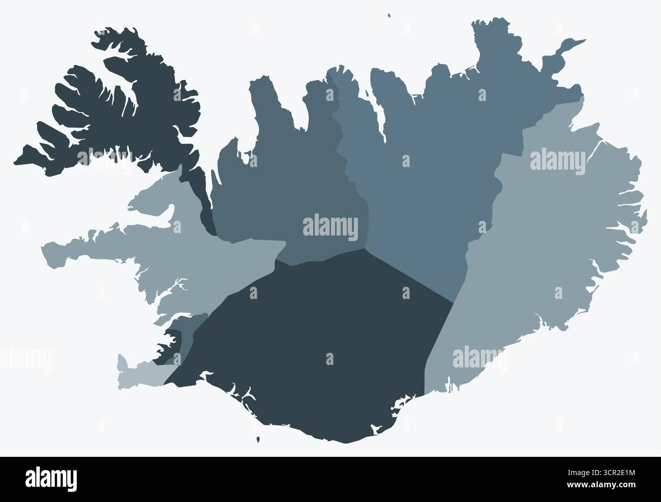 Mappa dell'Islanda con le regioni. Una semplice mappa di confine con la divisione della regione. Tavolozza dei colori blu-grigio. Illustrazione Vettoriale