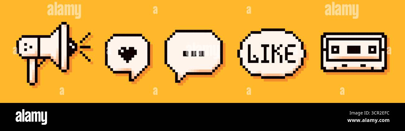 Elementi bianchi podcast a 8 bit Y2K pixel. Megafono, bolle di voce con un cuore, come e audiocassetta. Illustrazione Vettoriale