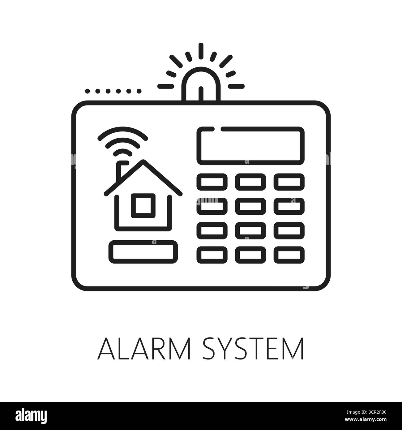 Icona o pittogramma della linea del dispositivo di sicurezza domestica del sistema di allarme. Icona vettoriale lineart elettronica di sicurezza domestica, simbolo della tecnologia di protezione. Segnale di sicurezza con pannello di controllo del sistema di allarme domestico Illustrazione Vettoriale