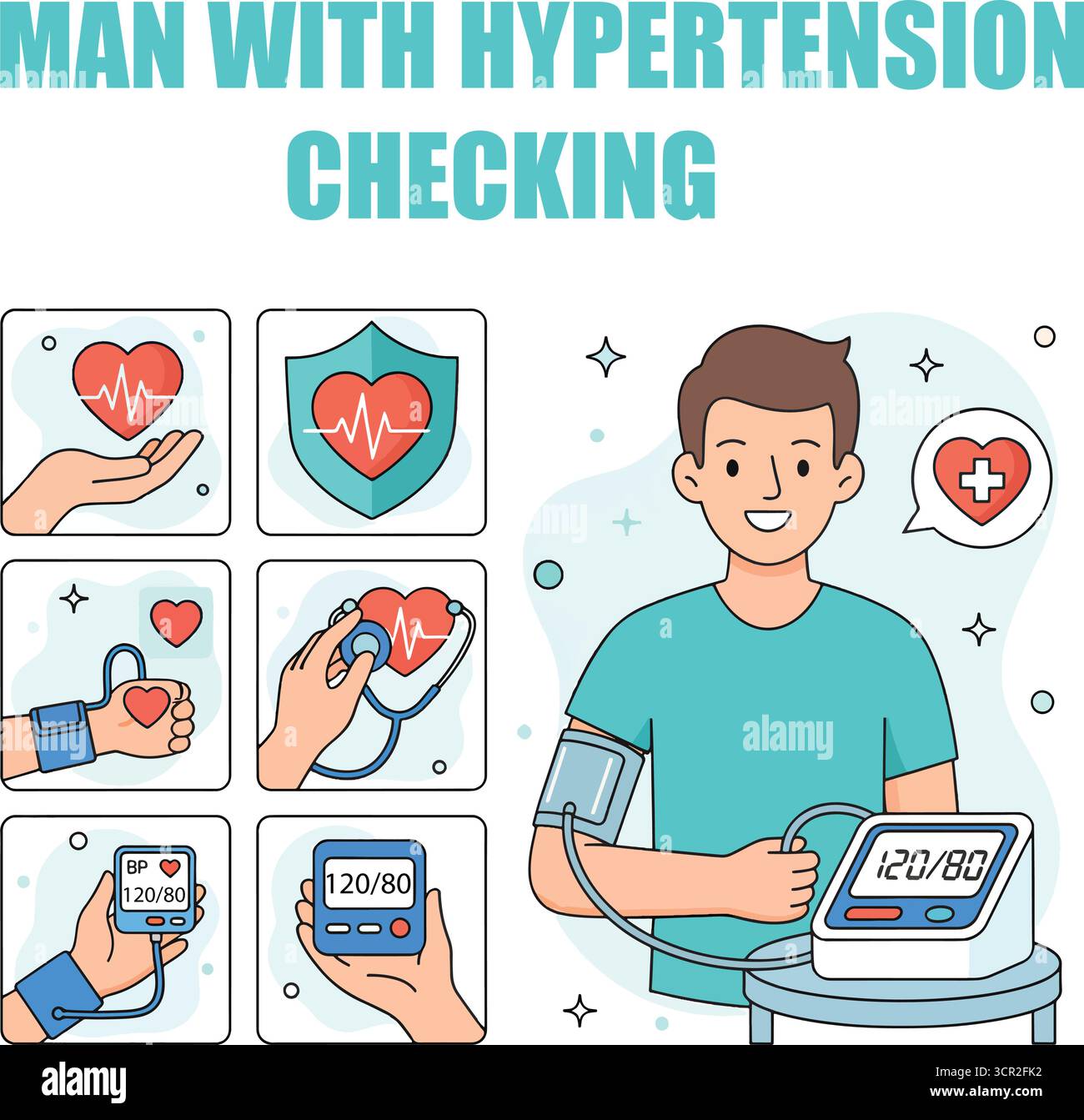 Uomo che controlla la pressione sanguigna a casa per la salute del cuore - illustrazione vettoriale di monitoraggio dell'ipertensione Illustrazione Vettoriale