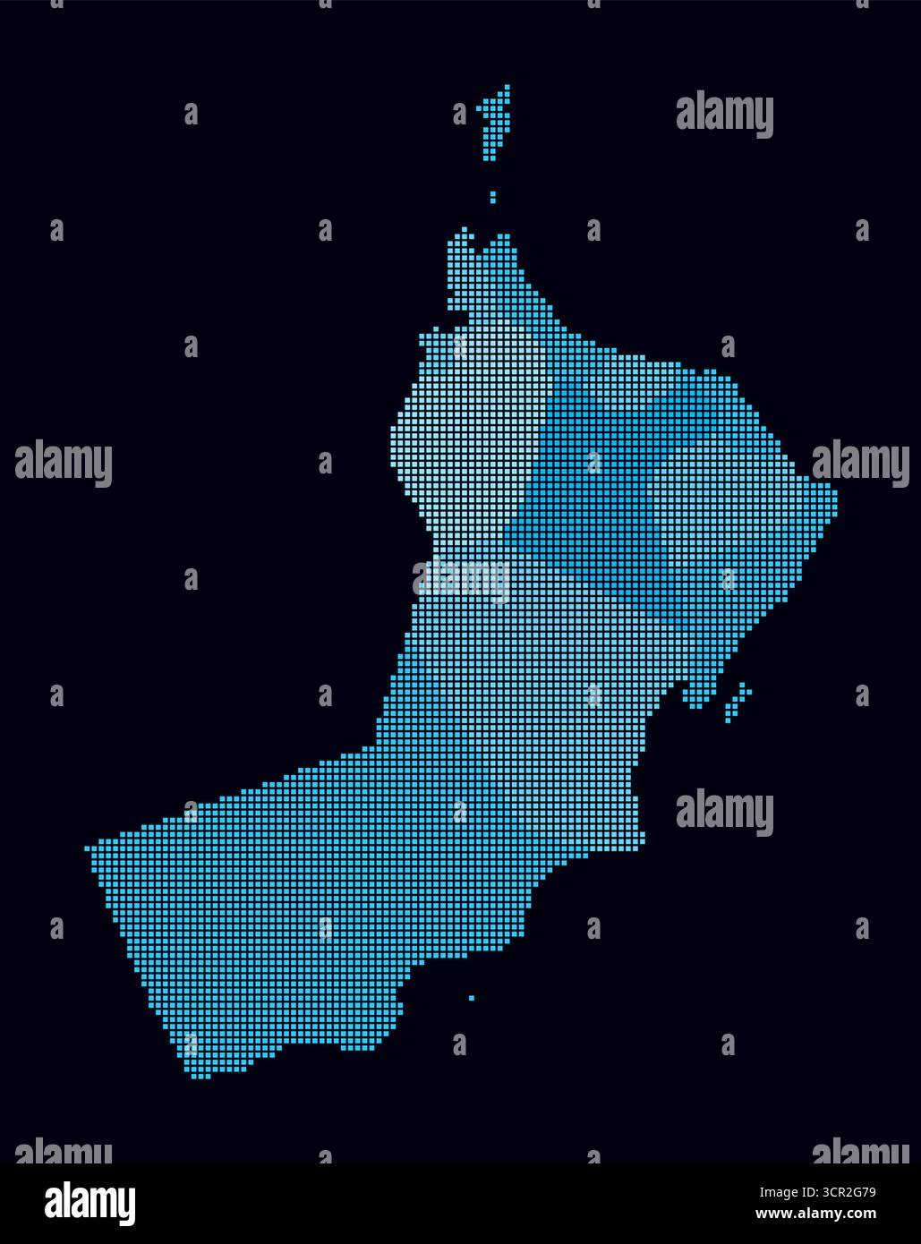 Mappa punteggiata dell'Oman. Mappa digitale del paese su sfondo scuro. Forma Oman con punti quadrati. Stile puntini colorati. Quadrati di piccole dimensioni. Illustrazione Vettoriale