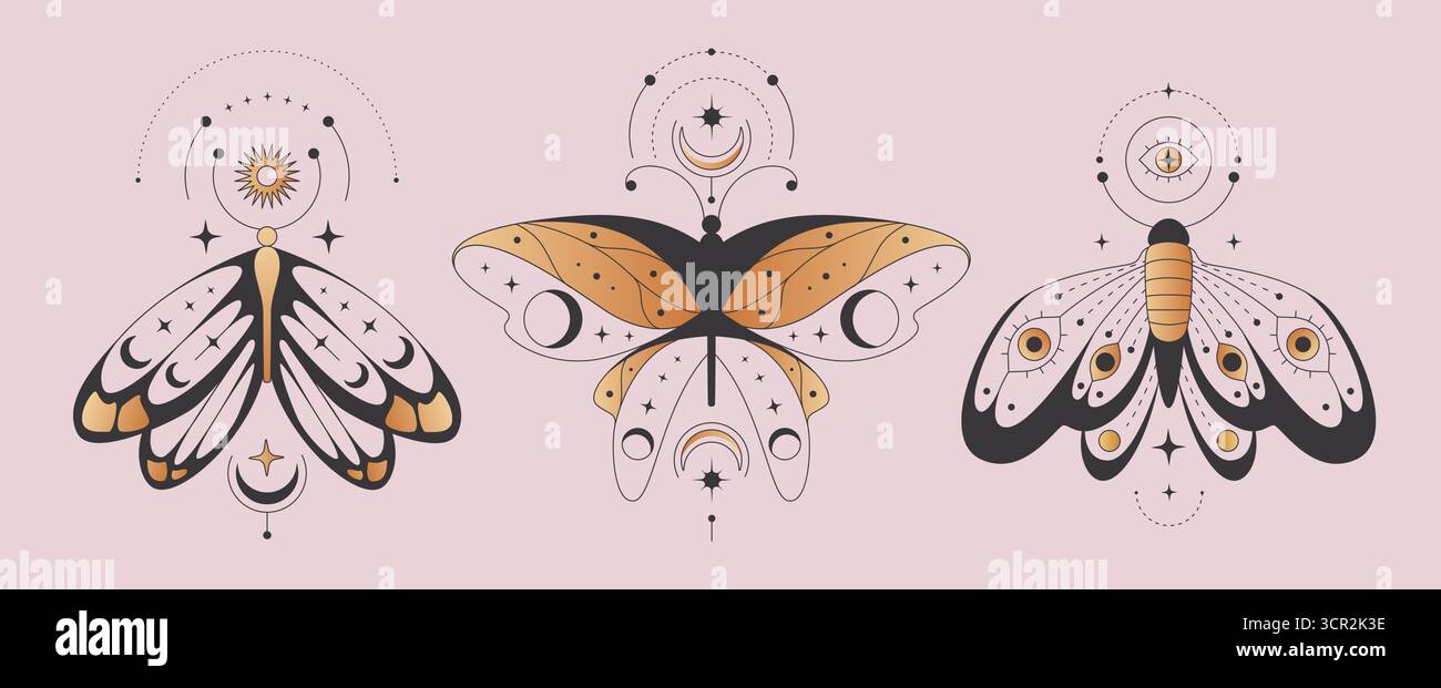 Illustrazioni a farfalla boho della luna celeste con simboli mistici e motivi geometrici per l'arte spirituale o disegni di tatuaggi. Falene dorate con stelle e motivi per gli occhi. Elementi decorativi eterei Illustrazione Vettoriale