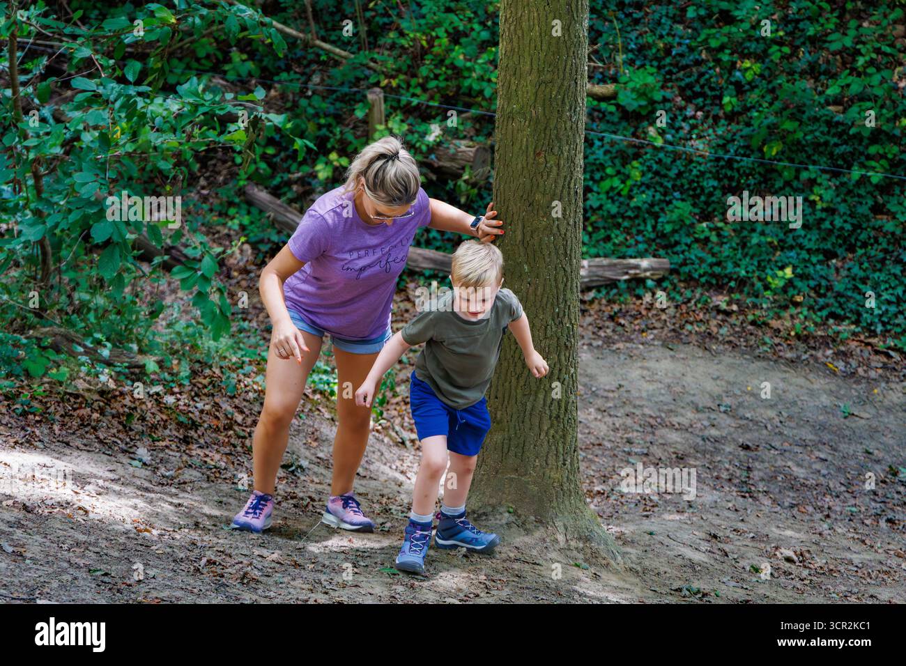 I bambini giocano su scivoli e arrampicate in un parco giochi naturale circondato da alberi. Foto Stock