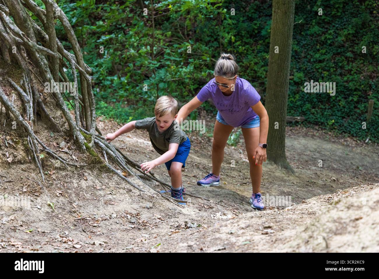 I bambini giocano su scivoli e arrampicate in un parco giochi naturale circondato da alberi. Foto Stock