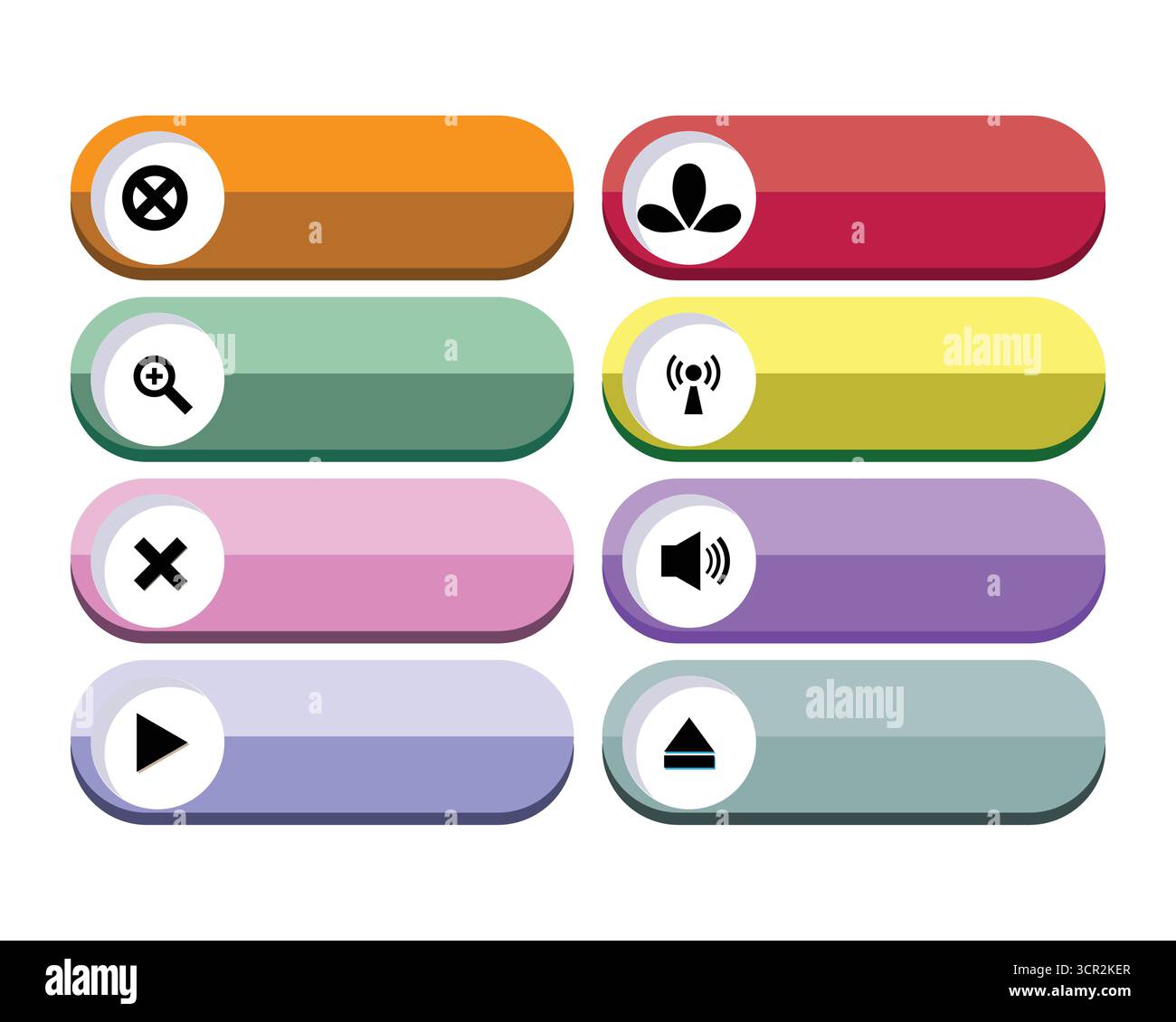 Collezione di pulsanti rettangolari arrotondati colorati con varie icone per il design dell'interfaccia utente Illustrazione Vettoriale