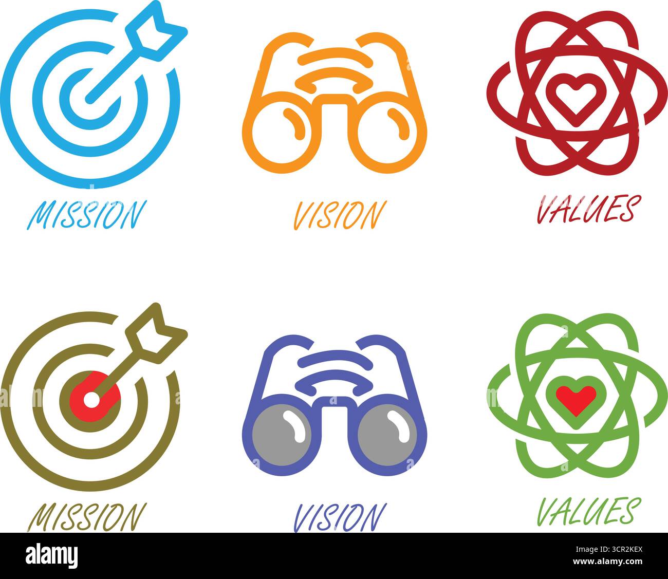 Collezione di sei icone colorate che rappresentano obiettivi visione e valori isolati su sfondo trasparente Illustrazione Vettoriale