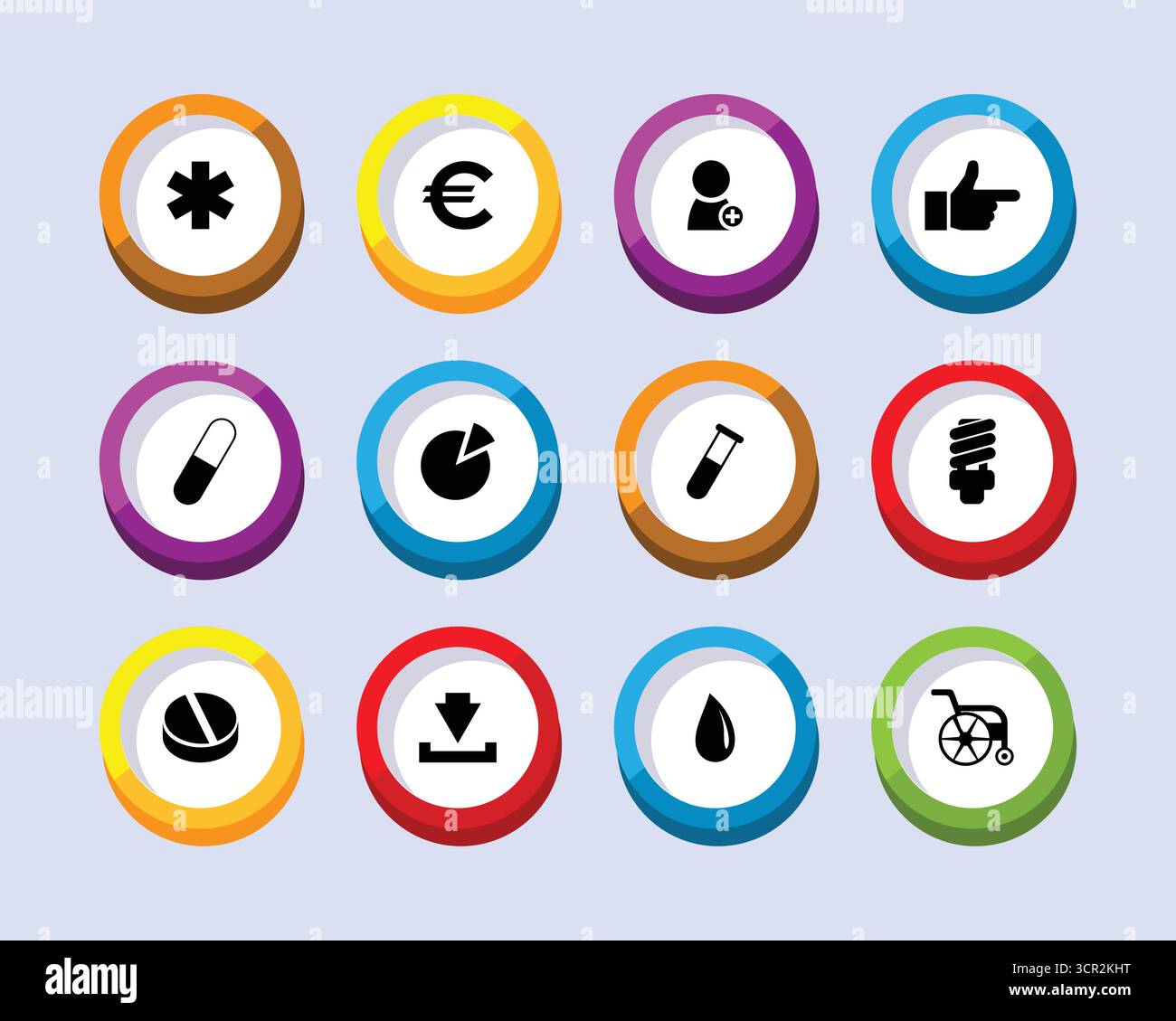 Raccolta di dodici icone circolari con vari simboli e grafici isolati su sfondo trasparente Illustrazione Vettoriale