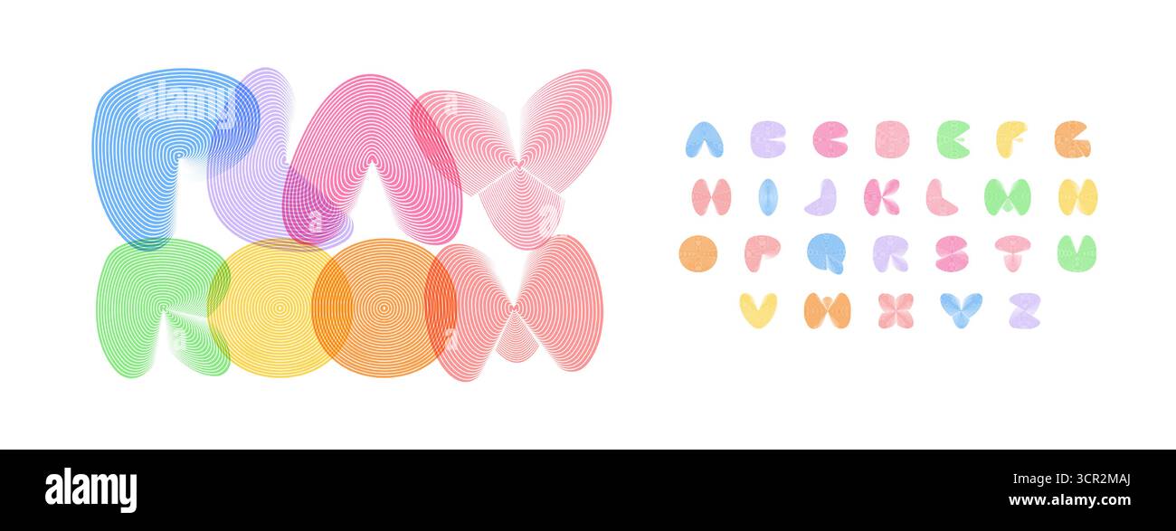 Carattere zona bambini della sala giochi, alfabeto colorato dei contorni, palloncino rotondo luminoso con contorno linea. Design tipografico divertente per bambini Illustrazione Vettoriale