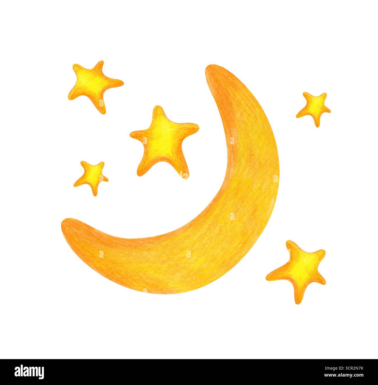 Una luna crescente con stelle, disegnate a mano con matite, su sfondo bianco. Illustrazione per bambini della luna e delle stelle dorate con matite colorate Foto Stock
