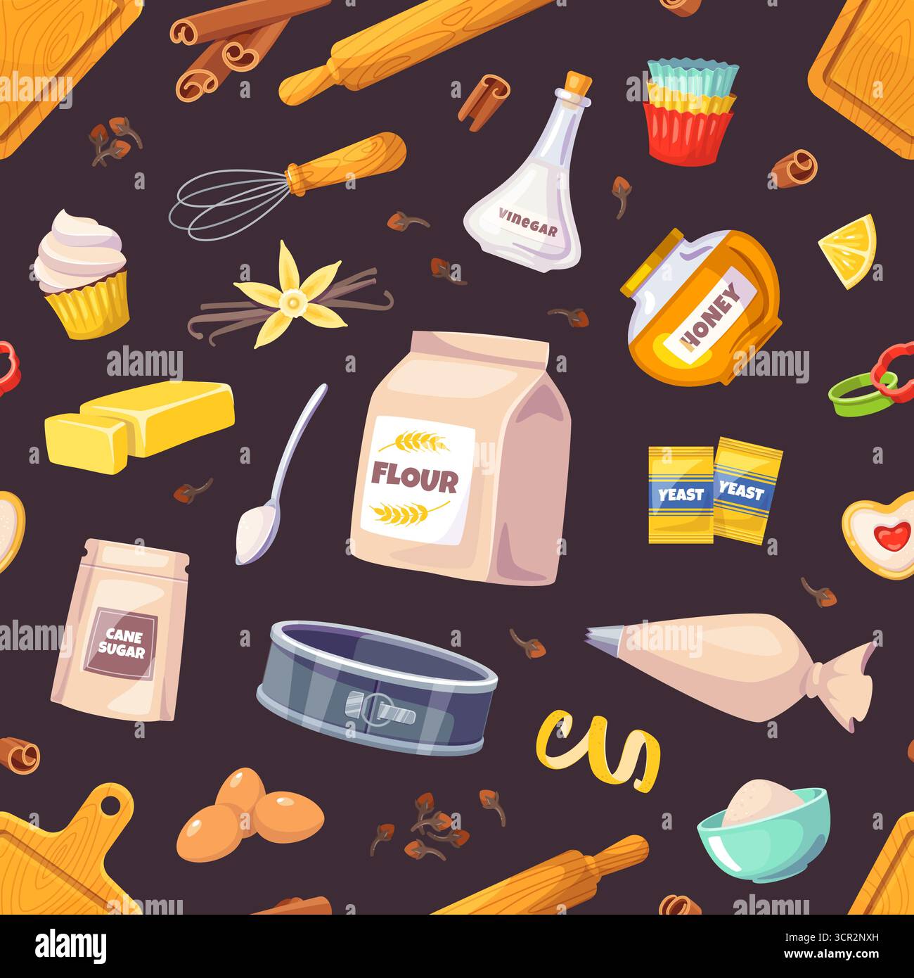 Elementi di pasticceria dolce motivo senza cuciture. Prodotti da forno e utensili da cucina, scorza di limone, cannella, uova e farina. Tessuto, carta da imballaggio, carta da parati Illustrazione Vettoriale