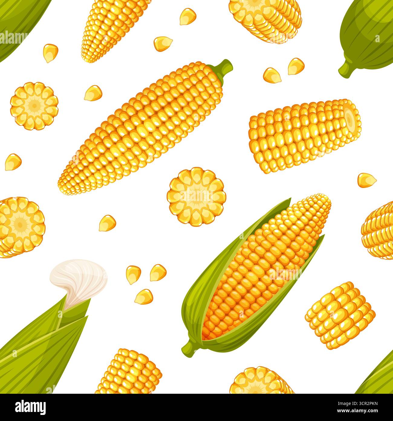 Struttura senza cuciture per mais. Pannocchie e grani di mais dolce, spikelets gialle con foglie verdi, prodotto biologico ripetuto. Tessuto, carta da imballaggio, carta da parati Illustrazione Vettoriale