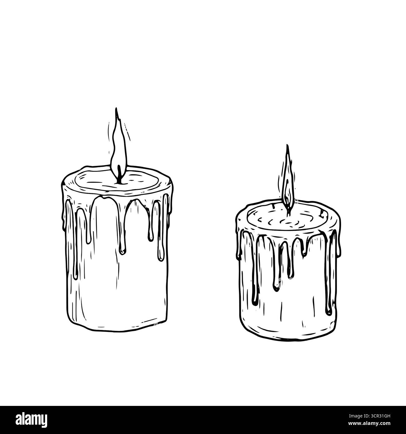 Cera candela con una fiamma, schizzo. Illustrazione vettoriale. Ci sono due sagome di candele grondaiate con uno stoppino, isolate su uno sfondo bianco. Tema Illustrazione Vettoriale