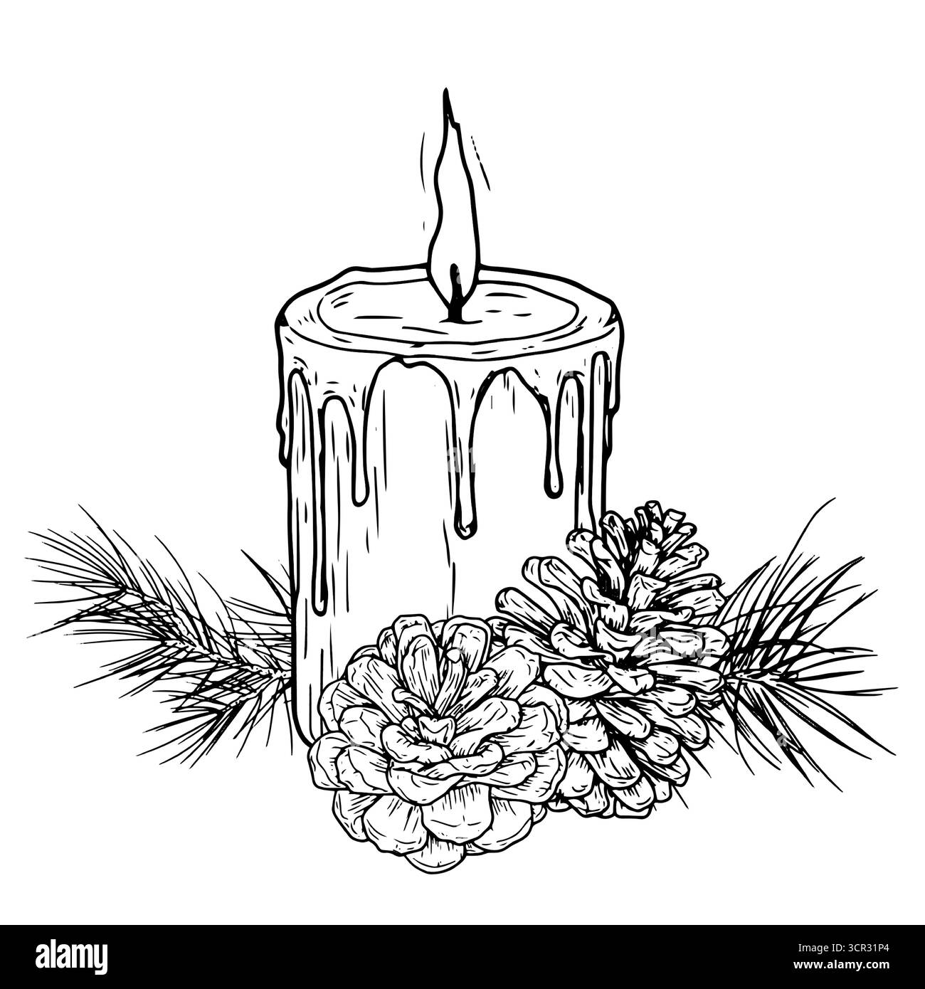 Cera, coni e ramoscelli di pino e candele, schizzo in bianco e nero. Illustrazione vettoriale. Decorazioni natalizie con rami di abete, isolate su sfondo bianco. T Illustrazione Vettoriale