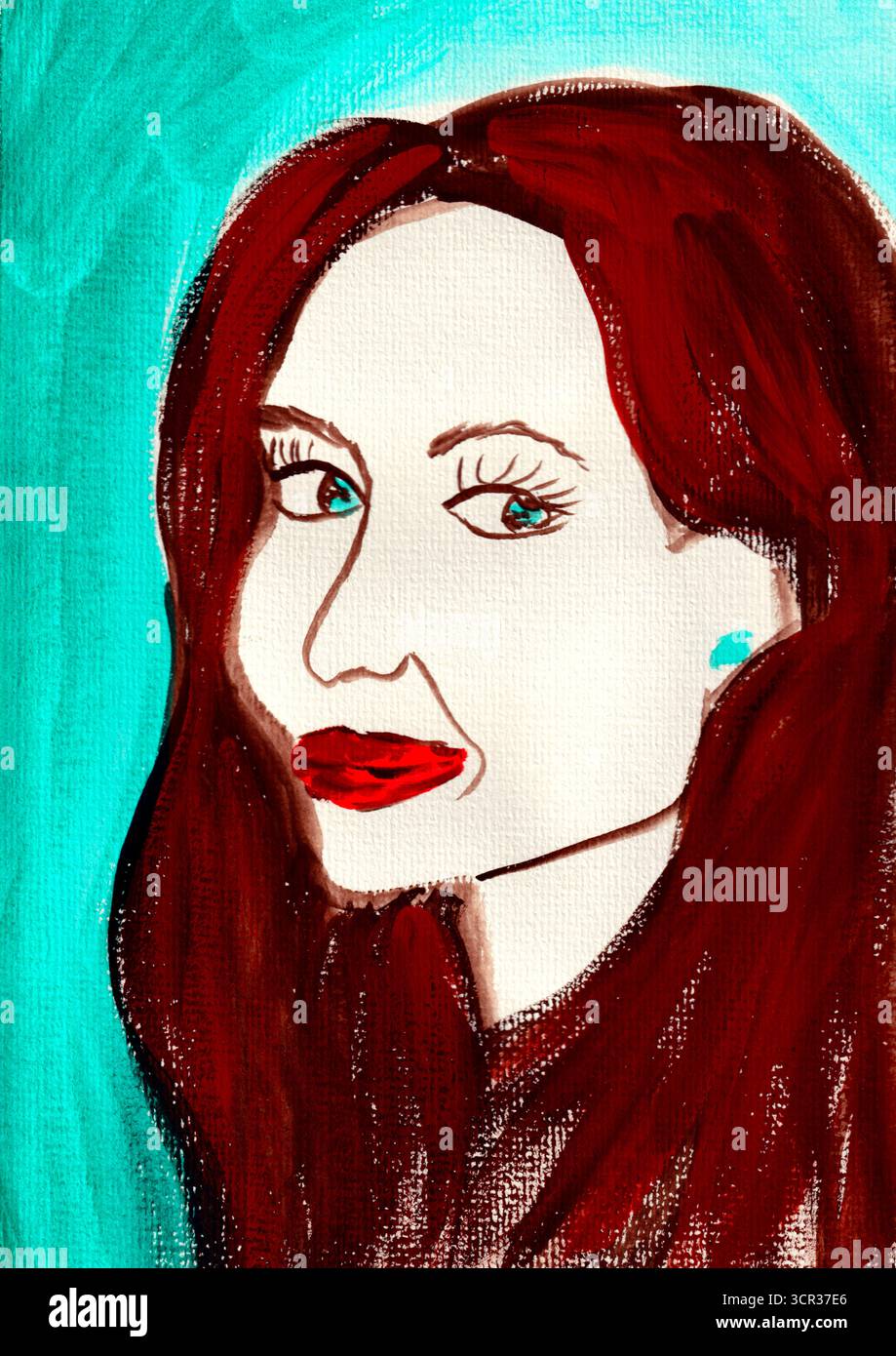 Ritratto di gouache espressivo dell'attrice Angelina Jolie con toni caldi e pennellate forti. Un mix vivace di realismo ed espressione pop. Foto Stock