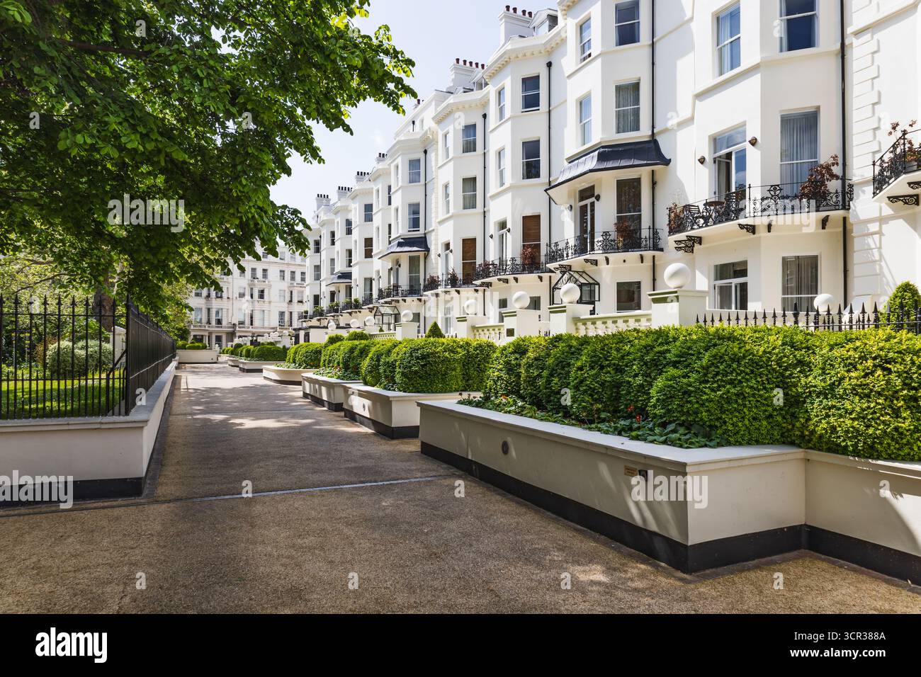 Eleganti case in stile georgiano con terrazza e passeggiata pedonale nella verdeggiante strada residenziale di Londra Foto Stock
