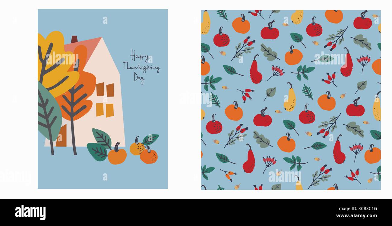 Set di tessere per il Ringraziamento felice e motivo per confezioni natalizie, decorazioni per la casa e tessuti con casa di campagna, zucche Illustrazione Vettoriale