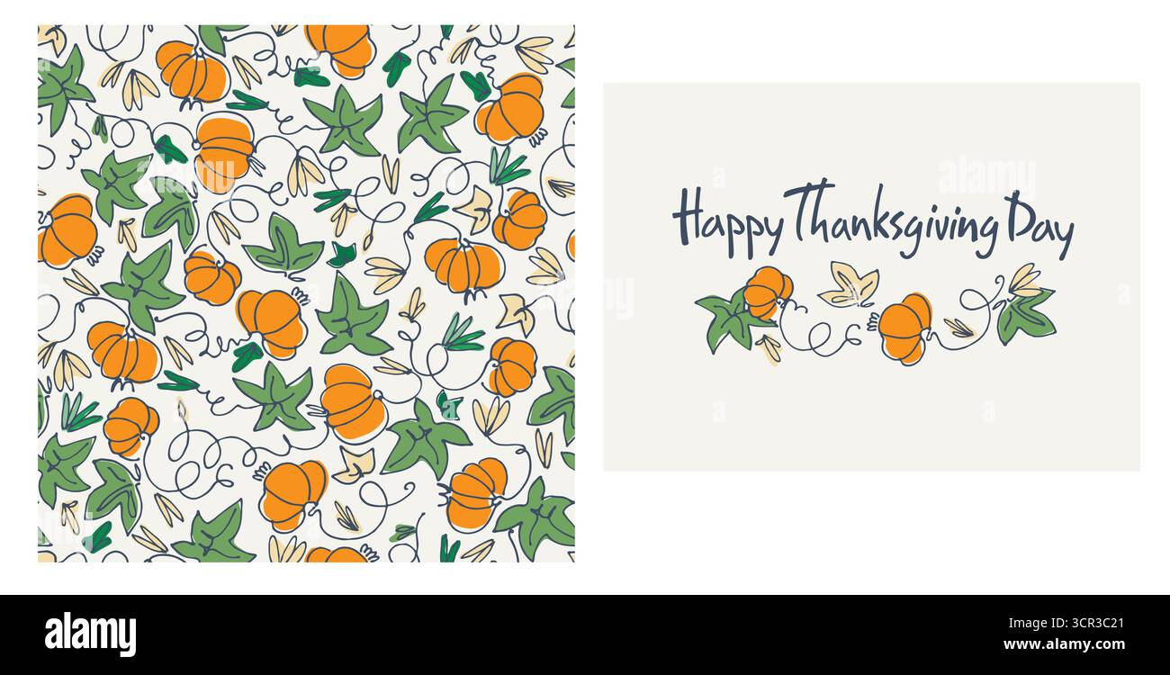 Set di tessere per il Ringraziamento felice e motivo per confezioni natalizie, decorazioni per la casa e tessuti con casa di campagna, zucche Illustrazione Vettoriale