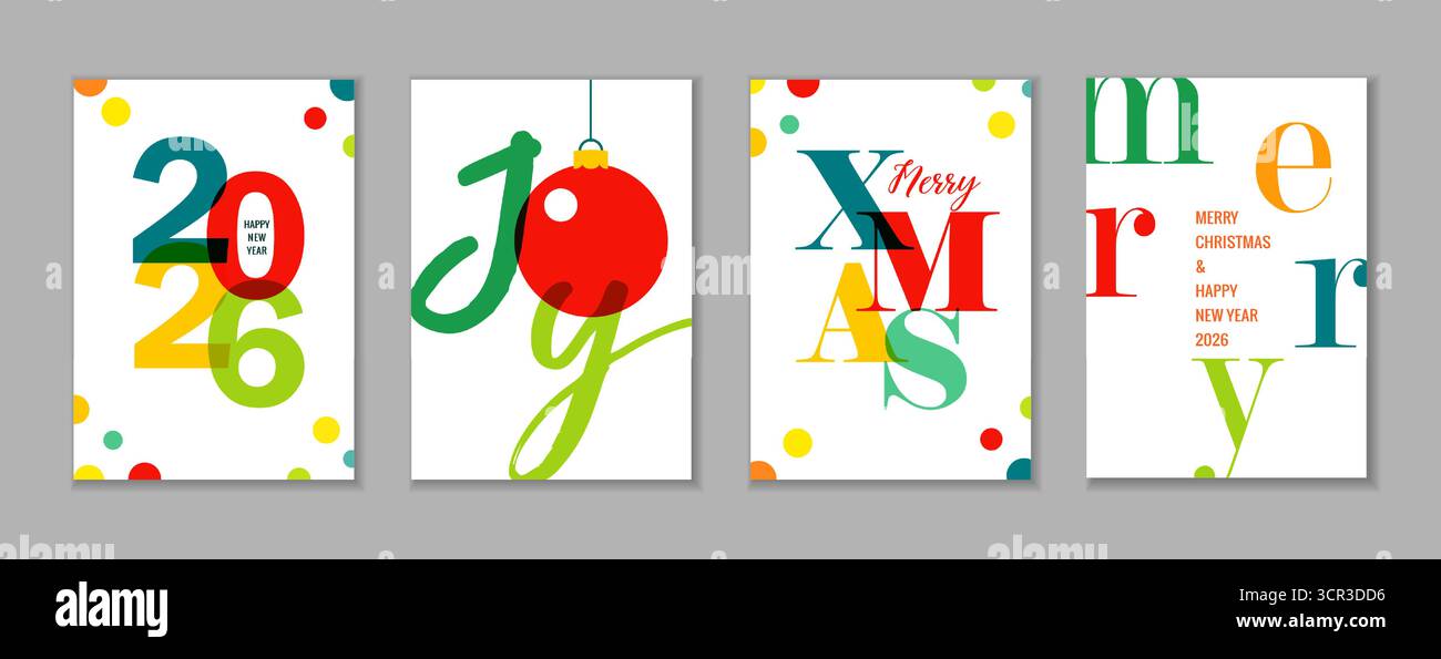 Felice anno nuovo 2026 e buon Natale colorato poster tipografici. Design moderno per auguri di buon anno e Natale o per il calendario Illustrazione Vettoriale