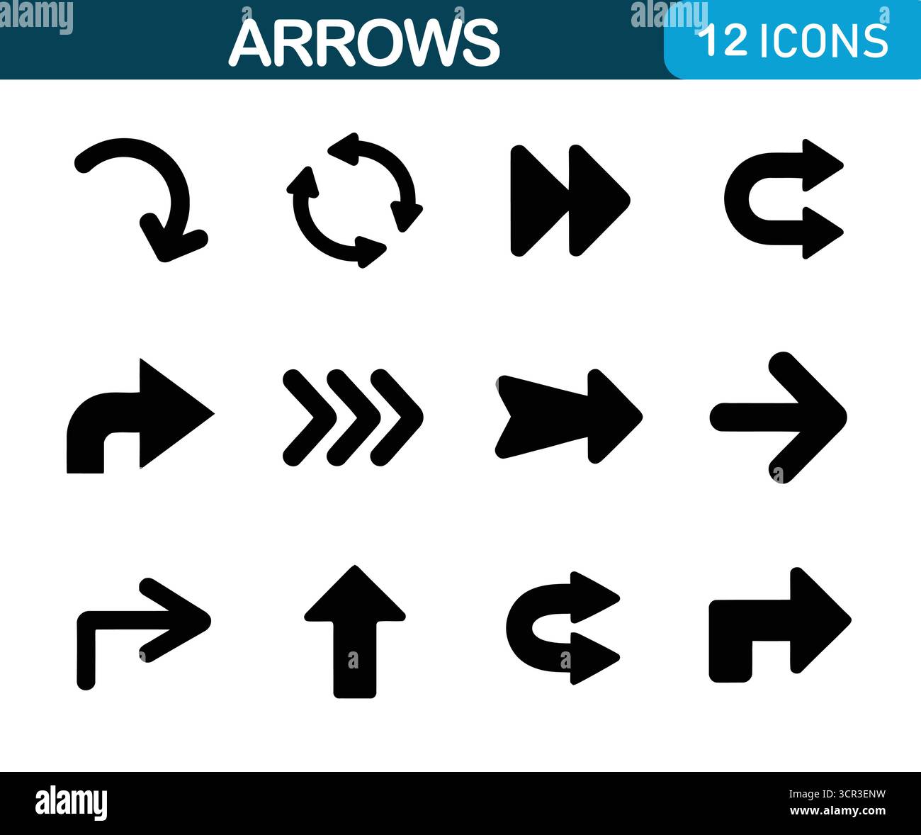 Icona frecce di navigazione Set vettoriale: Icone frecce curve, dritte e doppie per navigazione, mappe e progettazione dell'interfaccia Illustrazione Vettoriale