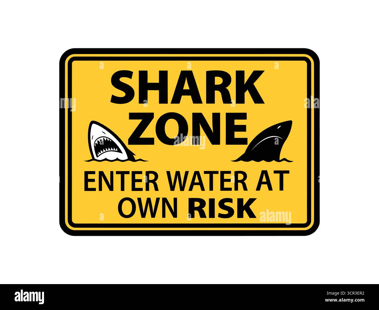 Illustrazione del cartello di pericolo zona squalo con la testa di squalo aggressiva per la sicurezza in spiaggia Illustrazione Vettoriale