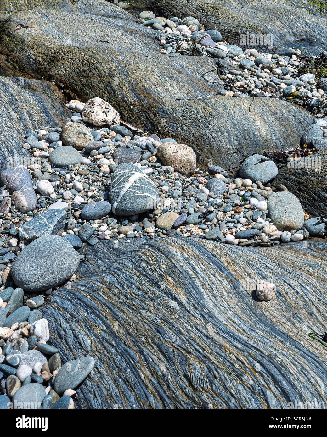 La scena mostra rocce grandi e lisce e ciottoli più piccoli sul litorale. Le rocce esposte mostrano interessanti texture vicino all'oceano a West Cork. Foto Stock