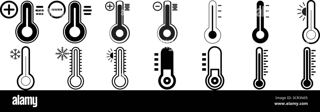 Icone del termometro impostate per simboli di temperatura, meteo e clima Illustrazione Vettoriale