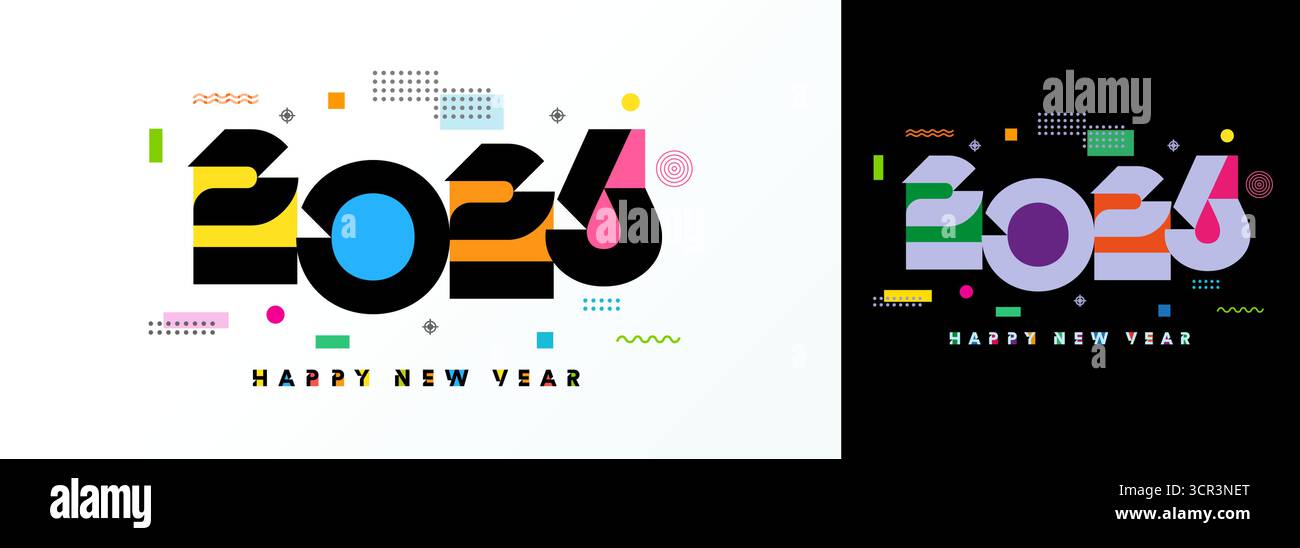 Design con logo Capodanno 2026 con numeri sportivi ed elementi in stile memphis. Design creativo per biglietti d'auguri o copertina del calendario Illustrazione Vettoriale