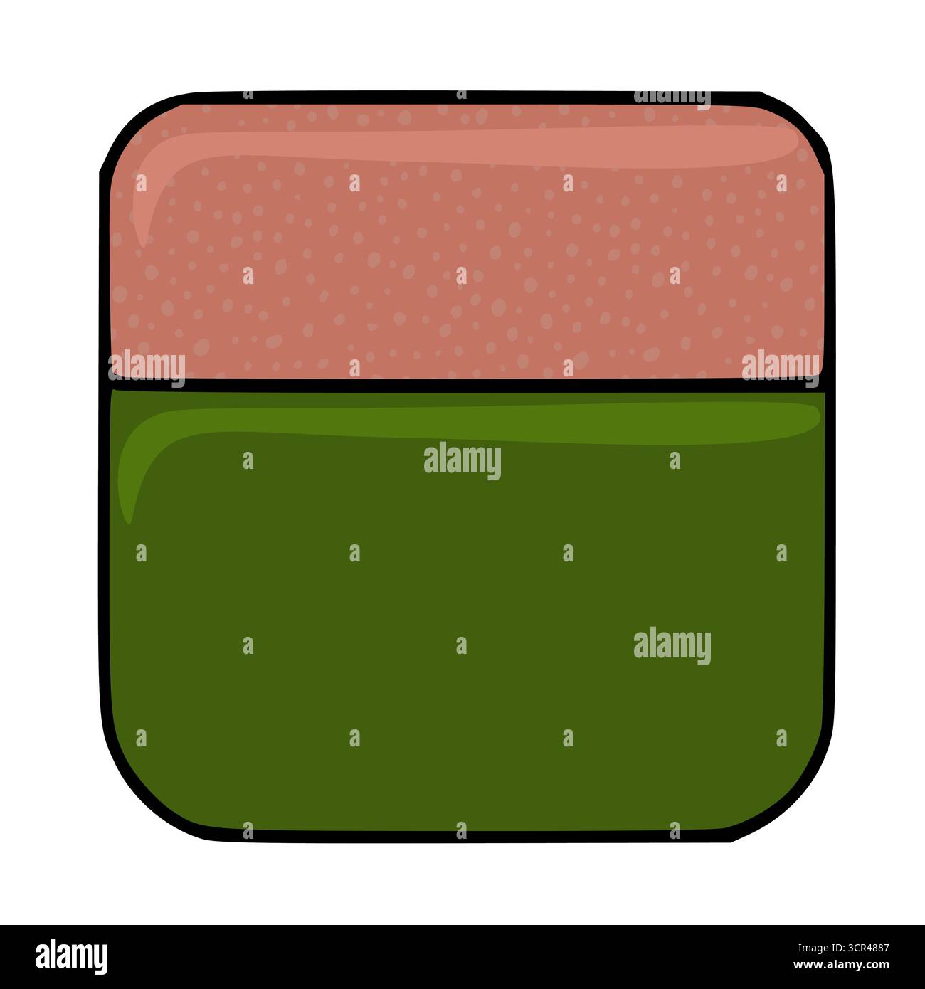 Illustrazione vettoriale minimalista di un oggetto rettangolare con angoli arrotondati, con uno strato superiore rosa salmone testurizzato e un fondo verde scuro solido Illustrazione Vettoriale