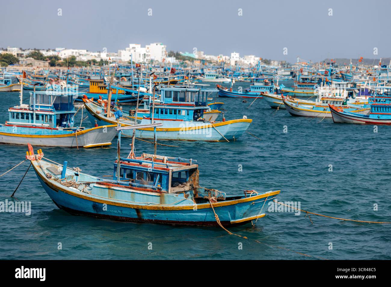 Barche da pesca blu ancorate in un vivace porto con lontani edifici bianchi sotto il cielo limpido. Isola di Phu Quy, B‐ nh Thuan, Vietnam Foto Stock