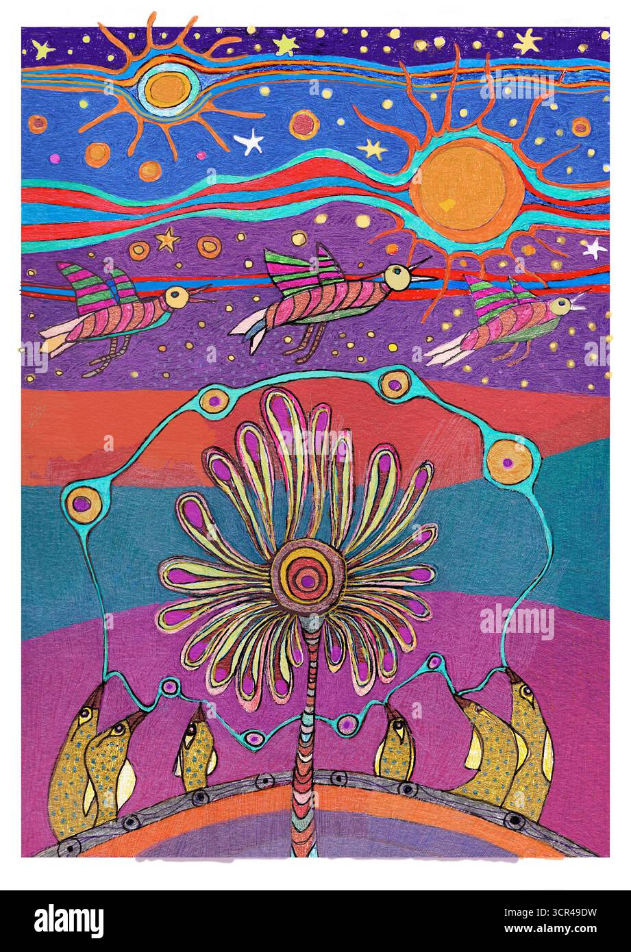 Vibrante arte astratta con uccelli colorati e un grande fiore sotto un cielo stellato. Foto Stock