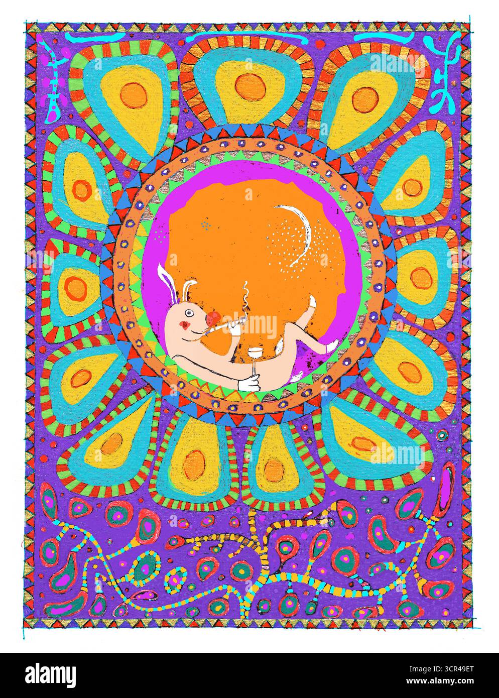 Colorata arte psichedelica con un coniglio che inala da un narghilè in vivaci motivi. Foto Stock