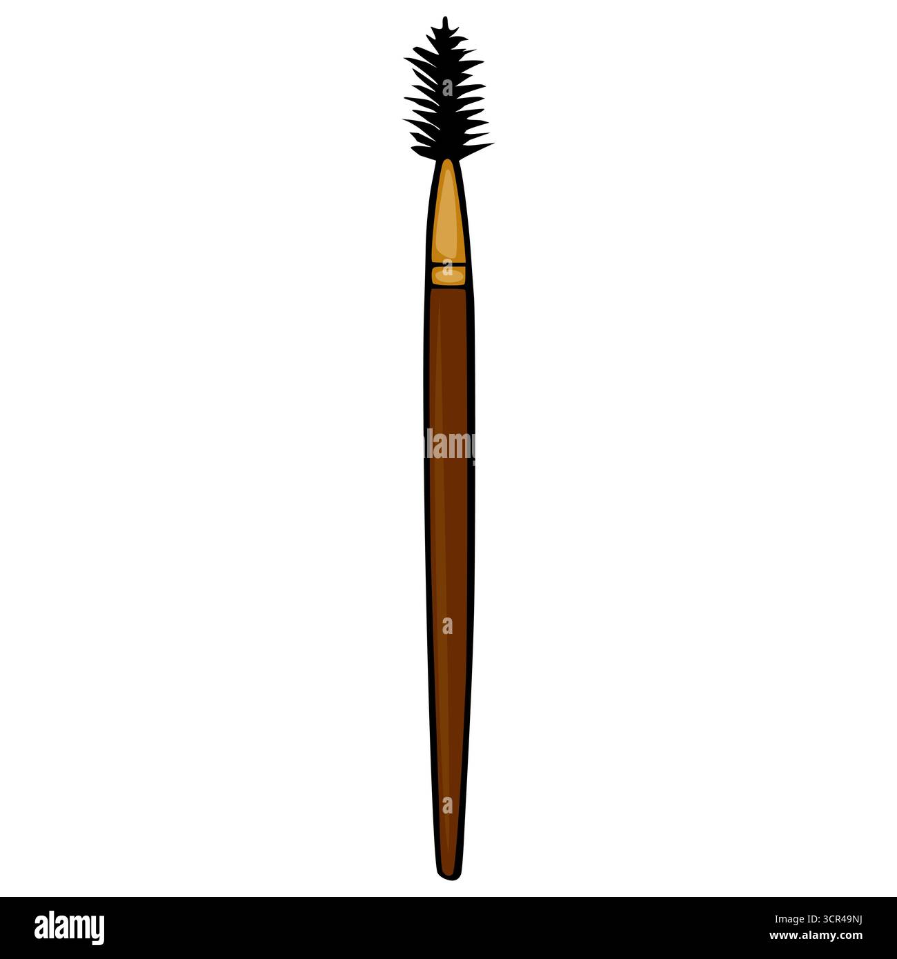 Illustrazione vettoriale stilizzata di una singola spazzola per ciglia con testina a setole scure e lunga impugnatura marrone, isolata su sfondo bianco. Illustrazione Vettoriale