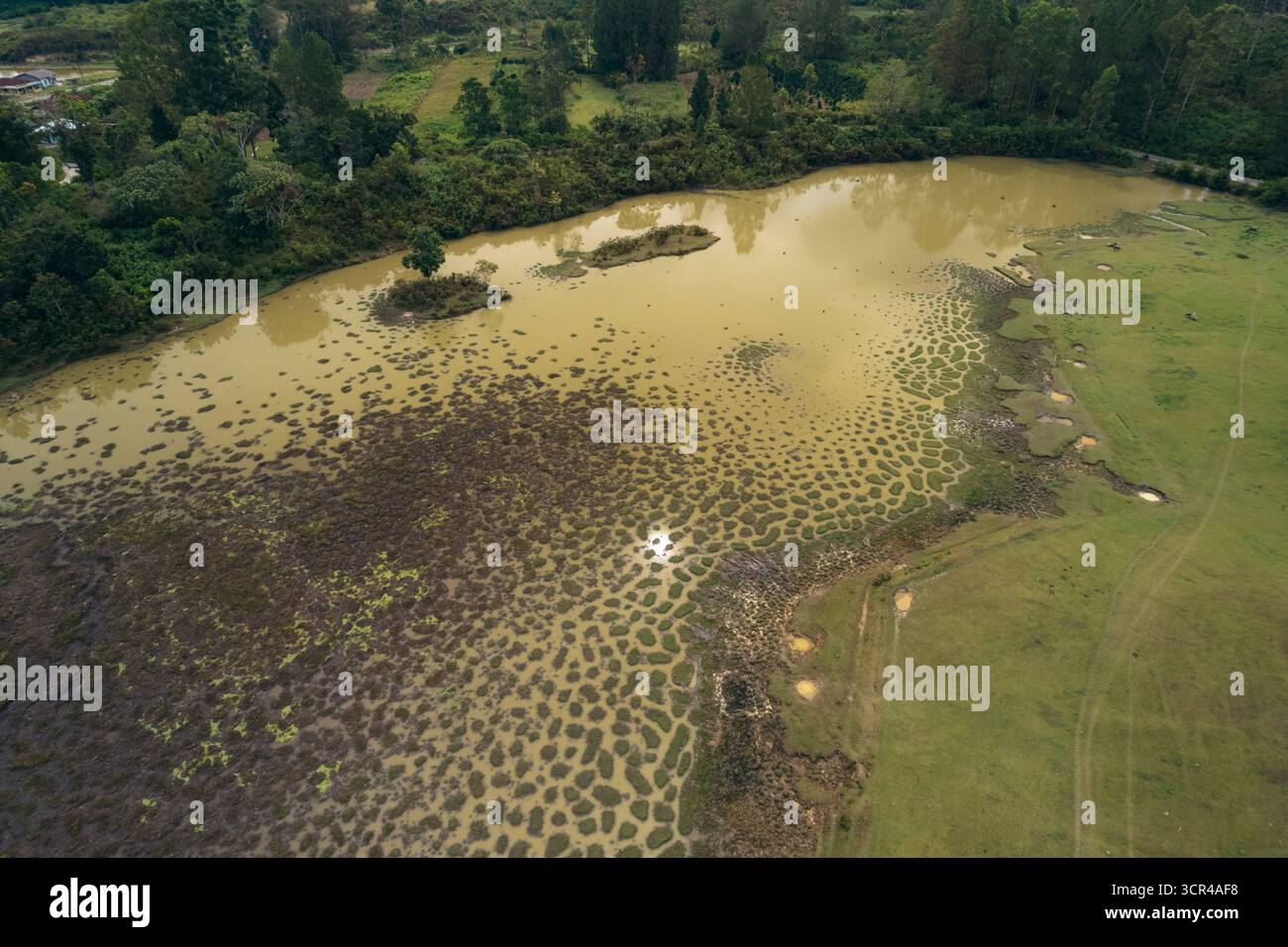 Vista aerea di una sterlina nel mezzo dell'isola di Samosir, nel mezzo della caldera più grande del mondo, Sumatra settentrionale, Sumatra, Indonesia Foto Stock