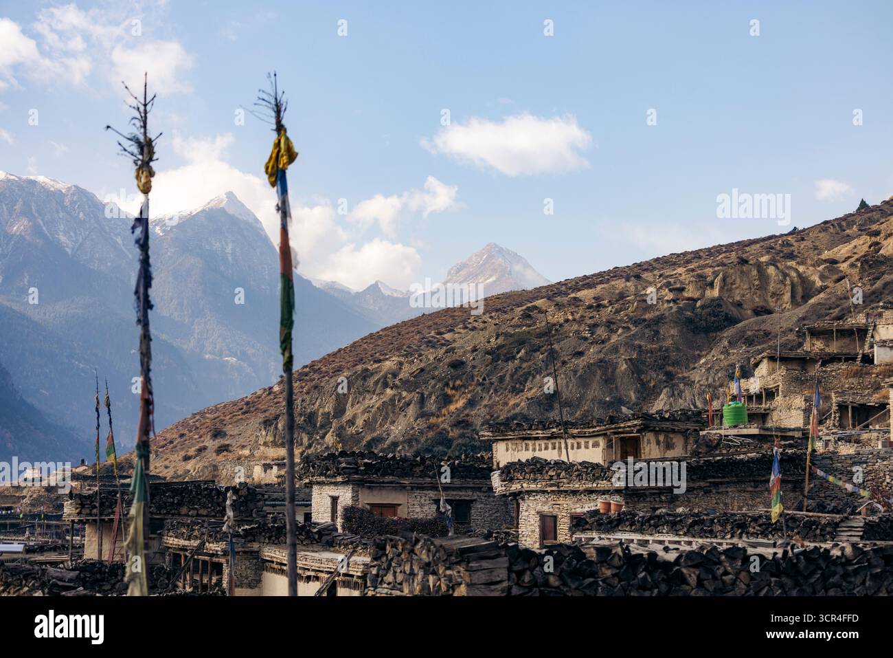 Case in pietra in un rustico villaggio di montagna con lontane cime innevate. Marpha, Annapurna, distretto di Mustang della provincia di Gandaki, Nepal Foto Stock
