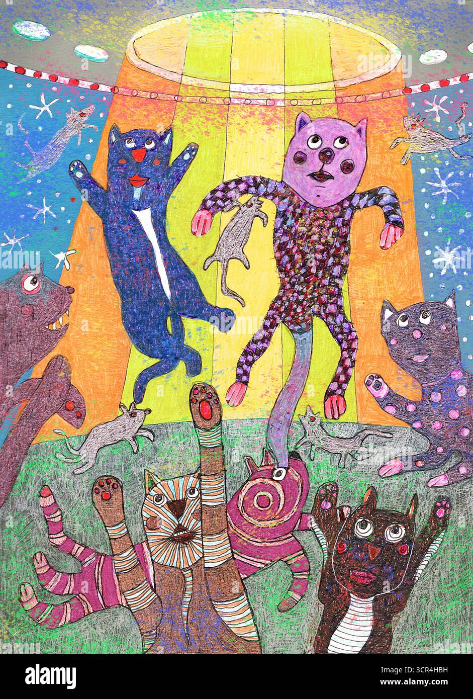 Pittura di gatti colorati in una scena stravagante con motivi vibranti ed energia giocosa. Foto Stock