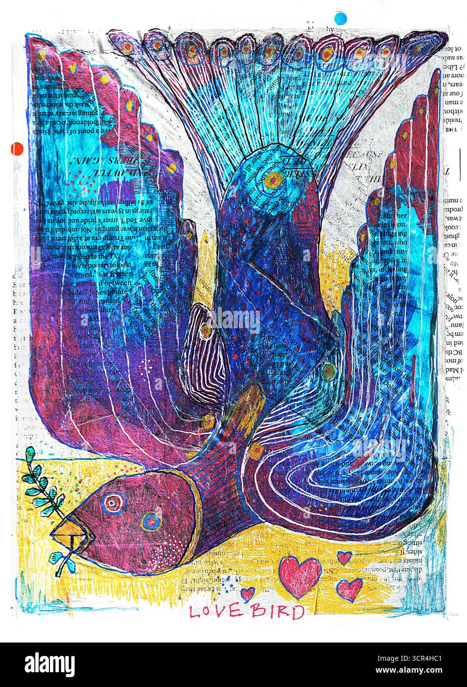 Colorato dipinto astratto di un uccello con un piumaggio abbagliante su uno sfondo testurizzato. Foto Stock