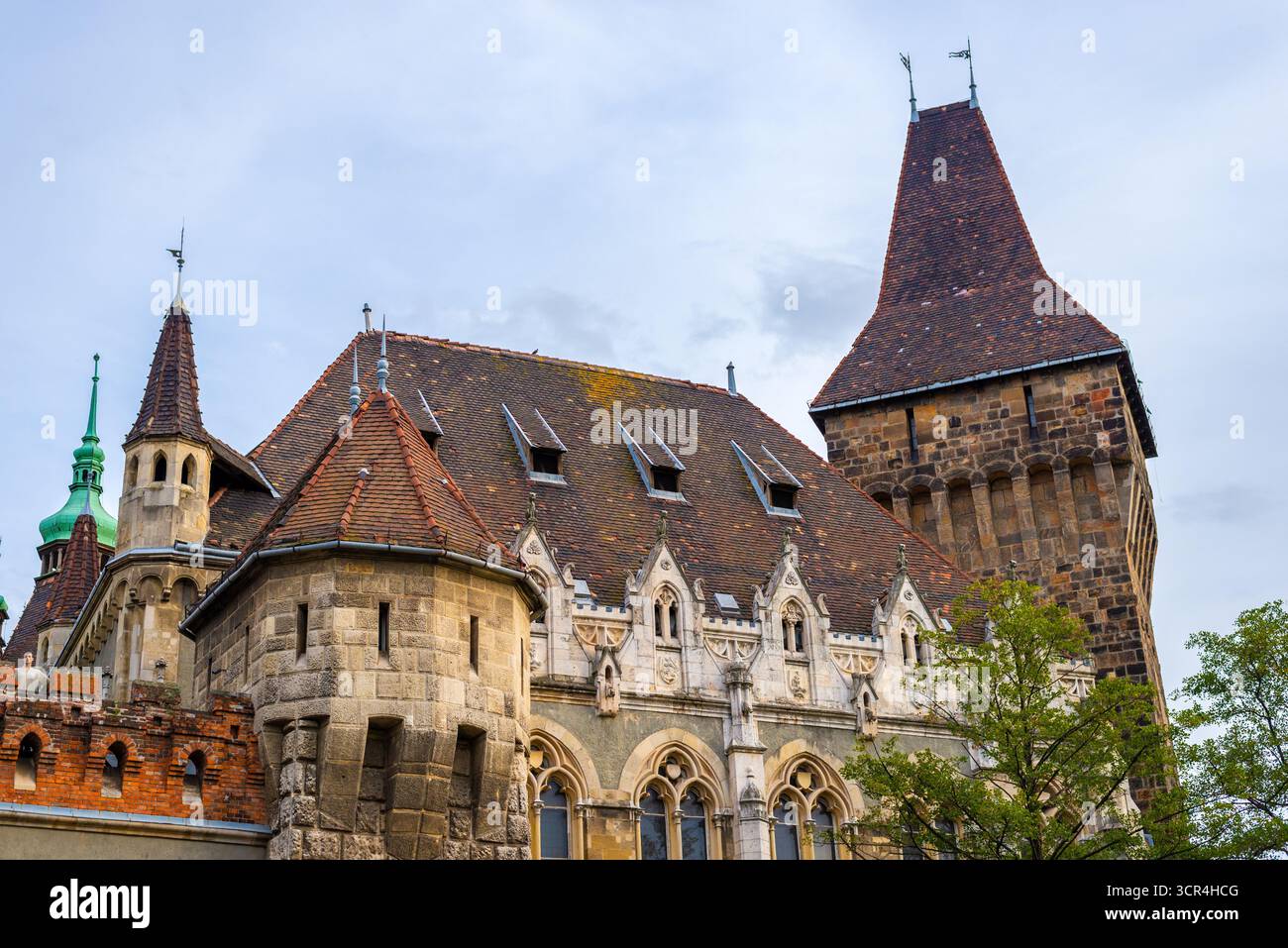 Storico castello Vajdahunyad a Budapest con torri in stile medievale, finestre gotiche e muri in pietra, situato nel parco cittadino. Foto Stock