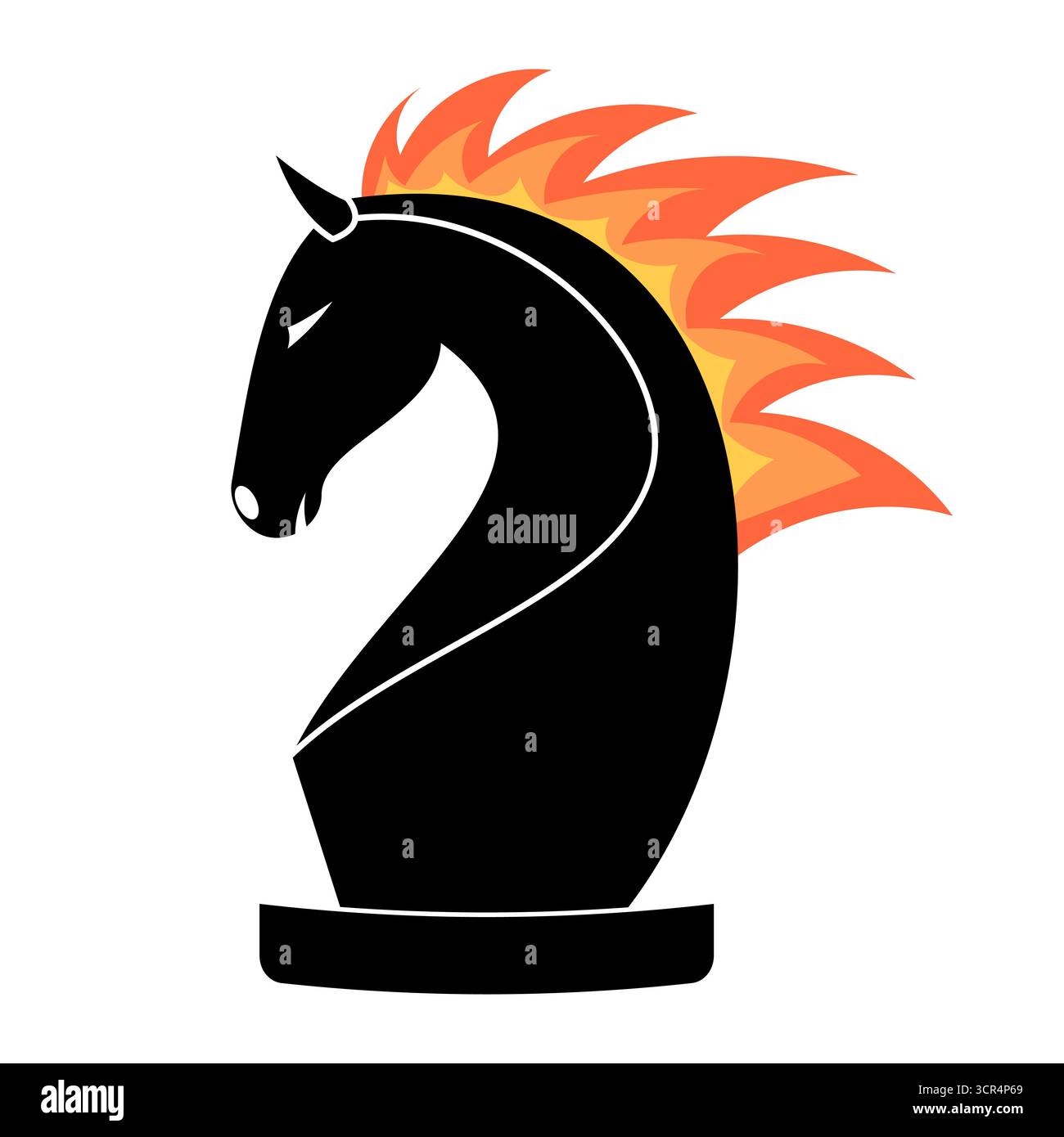 Illustrazione di Fiery Chess Knight. Audace illustrazione di un cavaliere scacchistico nero con una dinamica criniera fiammeggiante nelle sfumature di arancione, rosso e giallo. Illustrazione Vettoriale