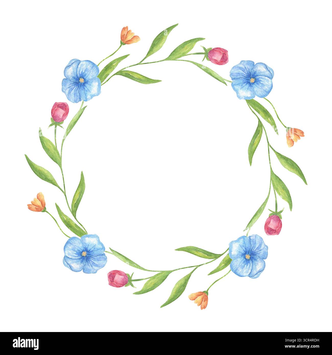 Una corona di fiori rotondi con viola selvatica blu e rose rosa. Una cornice ad acquerello con delicati fiori selvatici. Una corona di fiori di prato per biglietti d'auguri e inviti di nozze. Foto Stock