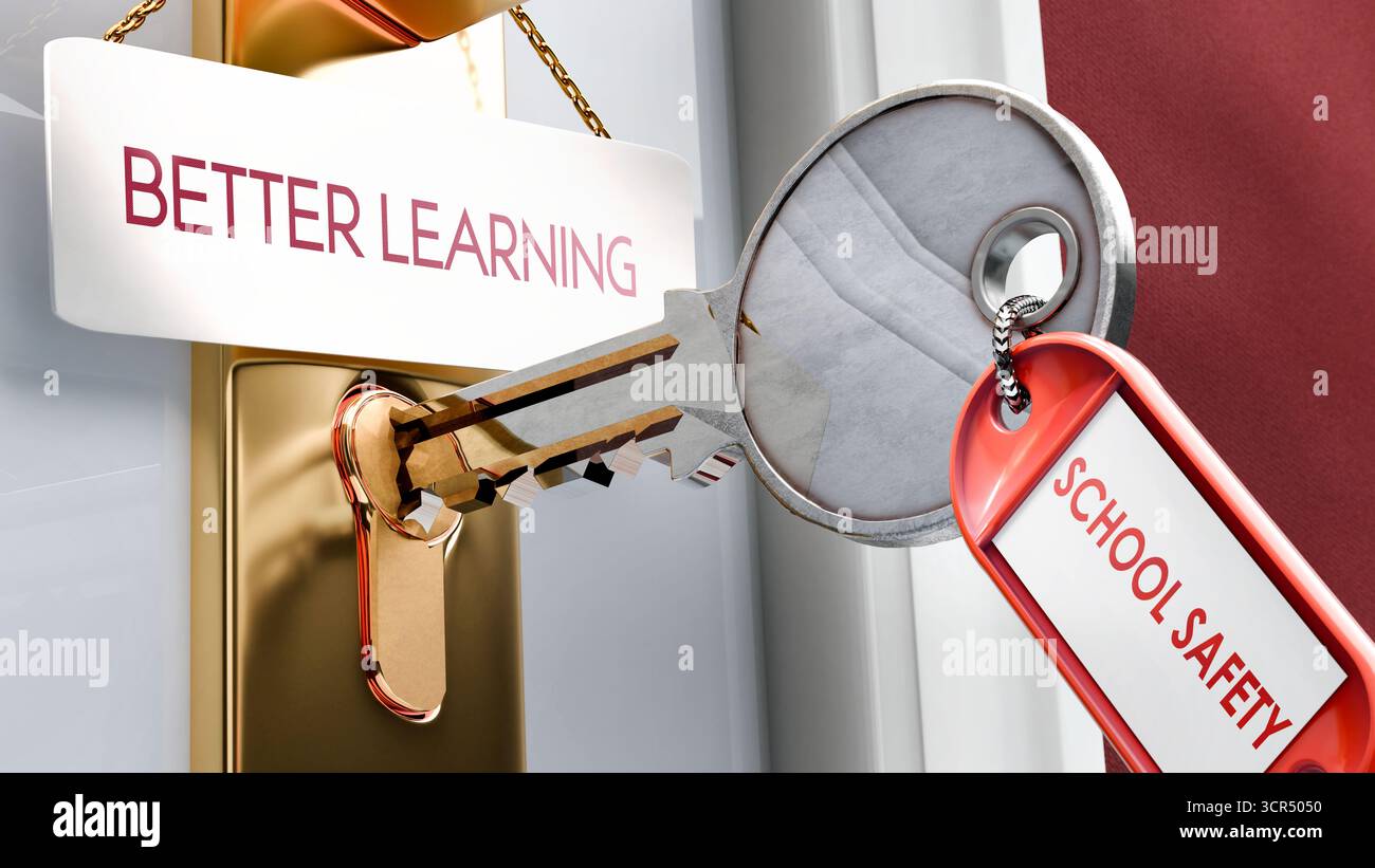 La sicurezza scolastica porta a un apprendimento migliore - è una chiave per sbloccare un apprendimento migliore. Una metafora della chiave della porta Foto Stock