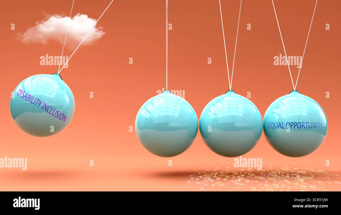 L'inclusione dei disabili produce pari opportunità. Una metafora della culla di Newton in cui l'inclusione della disabilità dà slancio alle pari opportunità. Causa e. Foto Stock