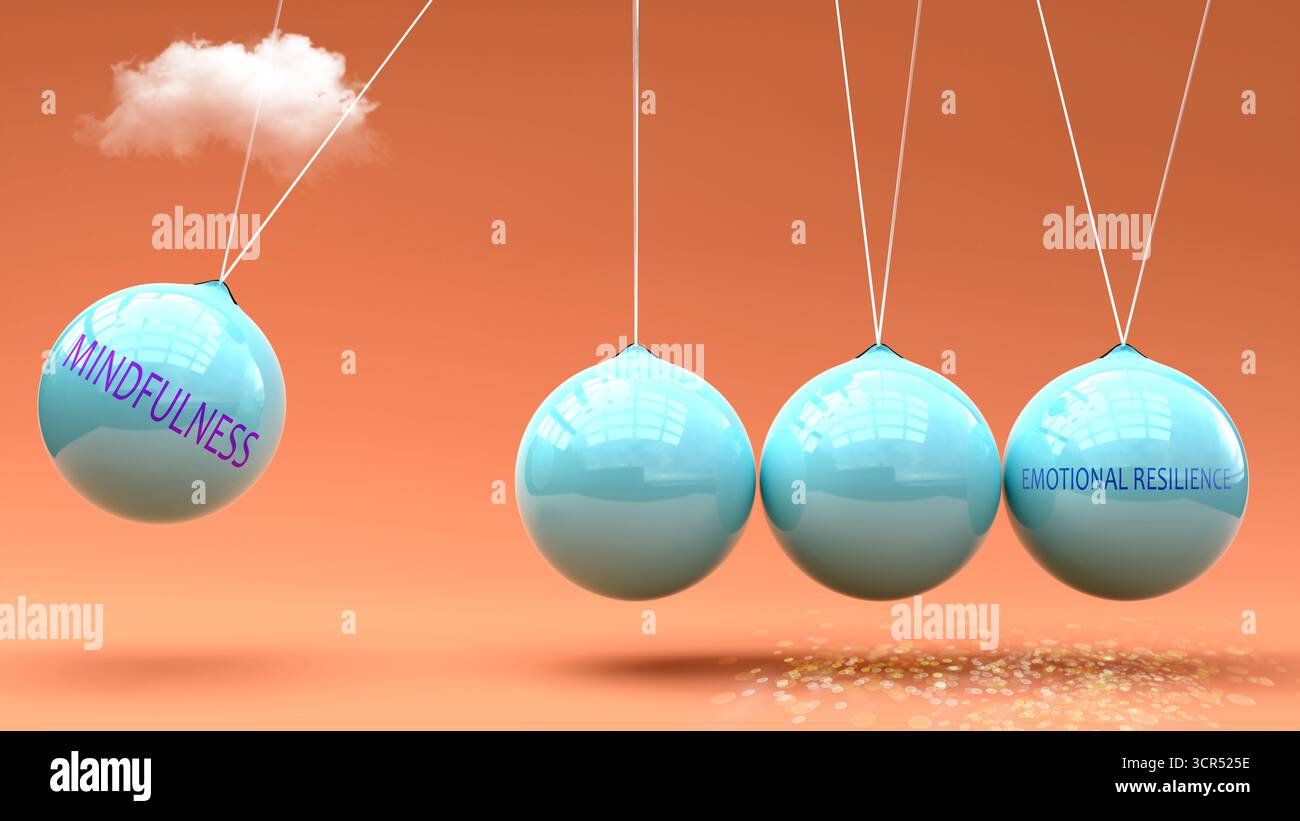 La consapevolezza produce resilienza emotiva. Una metafora della culla di Newton in cui la mentalità dà slancio alla resilienza emotiva. Causa ed effetto rela Foto Stock