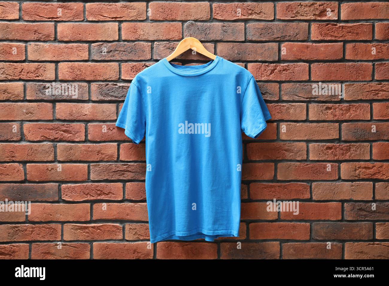 Appendiabiti con t-shirt azzurra contro il muro di mattoni rossi. Mockup per il design Foto Stock