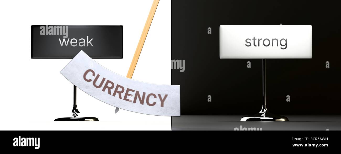 La valuta oscilla tra debole e forte. Visualizzazione di un modello di valuta che si alterna tra le estremità: Debole e forte. Ripetizione della transizione da Foto Stock