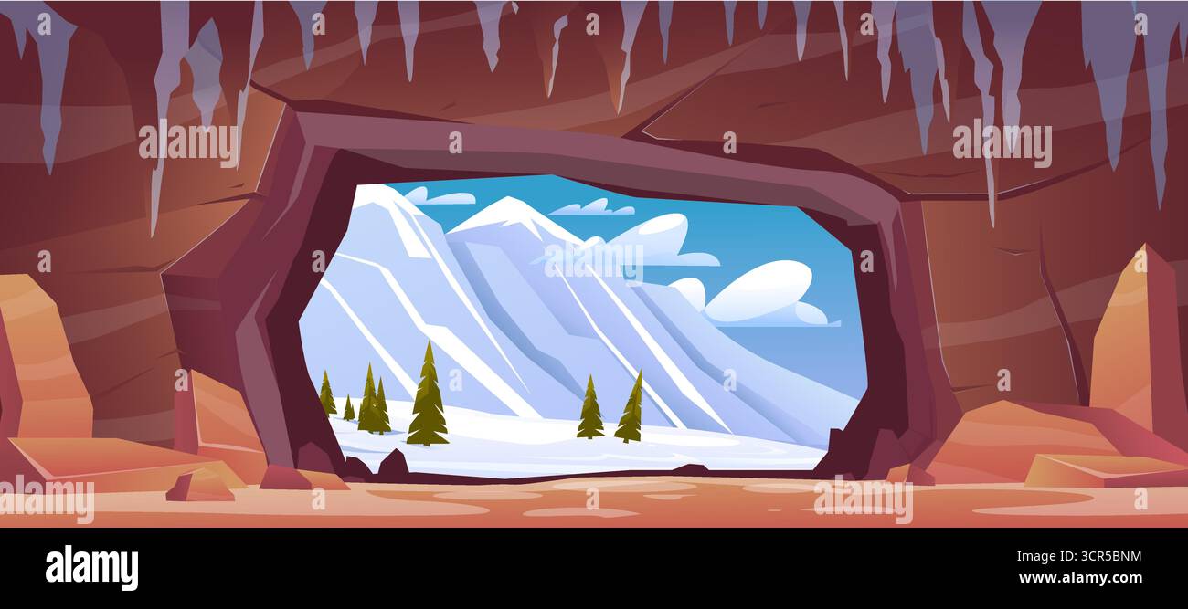 Vista dalla grotta di pietra sulla valle invernale innevata con pini e montagne innevate. Ingresso alla caverna naturale. Foro della gola del tunnel nella roccia. Grotta S Illustrazione Vettoriale