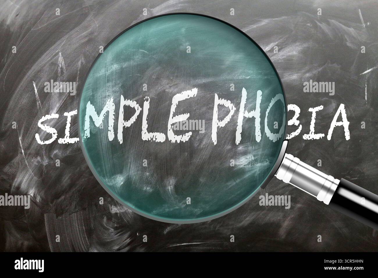 Fobia semplice - impararla, studiarla e ispezionarla. Un'occhiata più da vicino alla semplice fobia. Una lente d'ingrandimento che ingrandisce la parola "semplice fobia" scritta su un bla Foto Stock