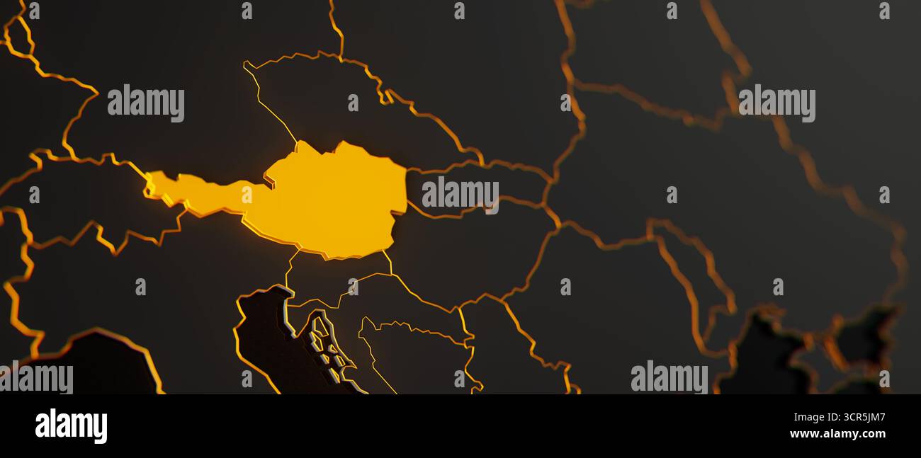 Mappa 3d dell'Austria dorata circondata da altri paesi in nero con bordi dorati e dof poco profondi. Europa carta politica con confini Foto Stock