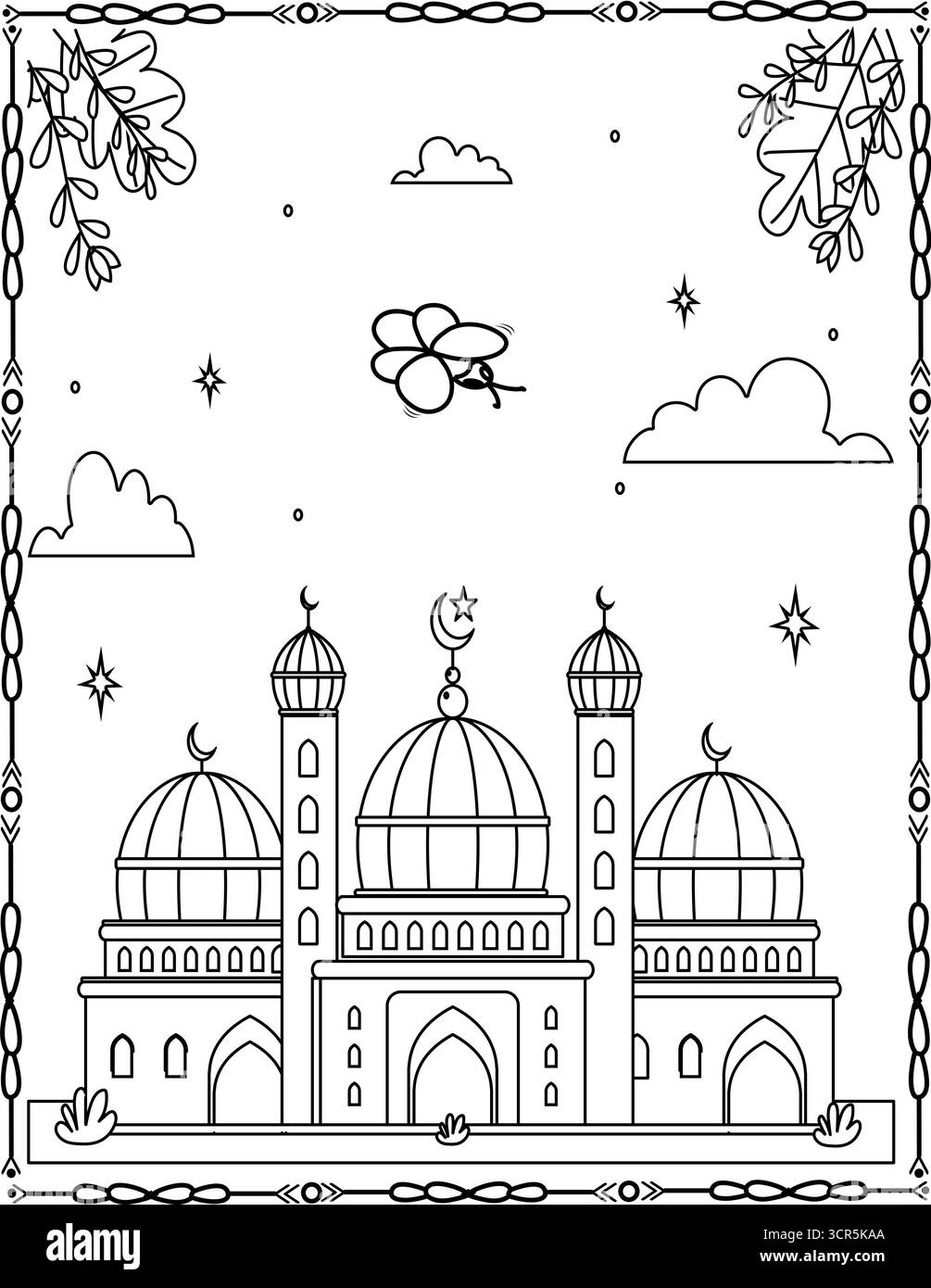 Un disegno in bianco e nero di una moschea con una luna sullo sfondo. Per bambini e adulti. Illustrazione Vettoriale