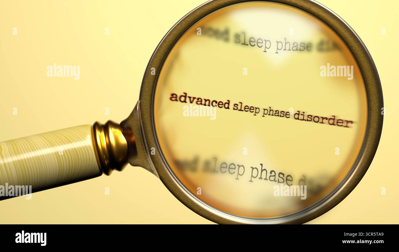Disturbo della fase del sonno avanzata sotto lente di ingrandimento. Cerca, esplora e ispeziona disturbi della fase del sonno avanzata. Dai un'occhiata più da vicino e analizza il progresso Foto Stock